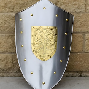 Medieval Knight Shield: Steel Crusader Heater Shield with Brass Eagle