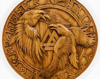 Odin's Ravens Huginn & Muninn Wood Carving | Viking Valknut Plaque