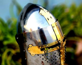 Medieval Bascinet Helmet: 14th Century Crusader-Style Brass Cross
