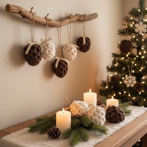 May include: A rustic Christmas display featuring a wooden branch with hanging crochet ornaments in brown and cream colors. The scene includes lit candles, pinecones, and a decorated Christmas tree, creating a warm, festive atmosphere.