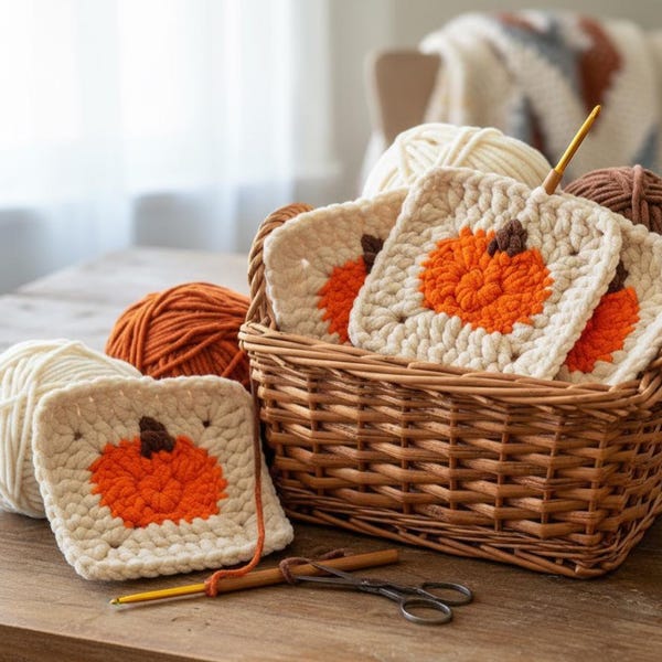 Patrón de crochet cuadrado de abuela calabaza (PDF) / Decoración DIY de otoño