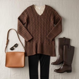 May include: An overhead shot of a fall outfit. A brown cable-knit sweater, black leggings, and brown leather riding boots are arranged on a neutral background. A tan leather purse and sunglasses complete the ensemble.
