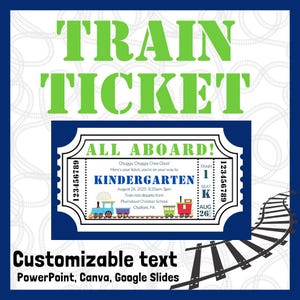 Puede incluir: Un billete de tren azul y blanco con el texto "ALL ABOARD!" y "KINDERGARTEN" en él. El billete tiene una ilustración de tren y la fecha 26 de agosto de 2025. El texto "Customizable text" está debajo del billete con las palabras "PowerPoint, Canva, Google Slides" debajo.