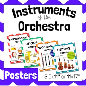 May include: Four colourful posters with illustrations of musical instruments from the orchestra. The posters are titled "The Percussion Family", "The Brass Family", "The Woodwind Family", and "The String Family". Each poster lists the instruments in the family and includes a small illustration of each instrument. The posters are 8.5x11 inches or 11x17 inches.