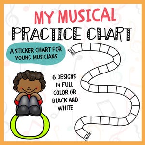 Può includere: Un grafico di pratica musicale per giovani musicisti. Presenta un percorso con punti di partenza e di arrivo, un bambino dei cartoni animati e il testo "MY MUSICAL PRACTICE CHART". Disponibile a colori o in bianco e nero.