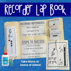 Può includere: Un libro di attività colorato e stampabile per bambini sul flauto dolce. Il libro include schede con le parole "Promemoria del flauto dolce!" e "Passaggi per il successo." Il libro include anche schede con note musicali e un flauto dolce.