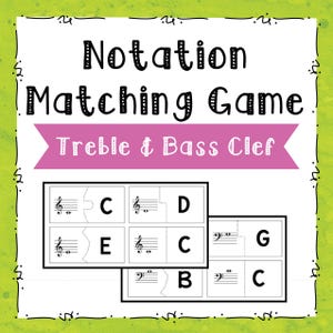 May include: Black and white printable music notation matching game for treble and bass clef. The game includes letter labels for C, D, E, G, and B.