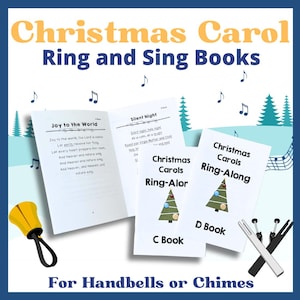May include: Two Christmas carol songbooks for handbells or chimes. The books are titled "Christmas Carols Ring-Alor" and "Christmas Carols Ring-Along". The covers feature a green Christmas tree with ornaments and lights. The books are labeled "C Book" and "D Book".