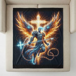 Angelic Warrior Throw Blanket, Ethereal Decor, Glowing Wings, Cross Design, Mystical Hero Art, Celestial Gift, Unique Home Accent