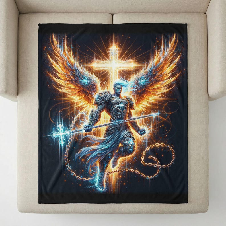 Angelic Warrior Throw Blanket, Ethereal Decor, Glowing Wings, Cross Design, Mystical Hero Art, Celestial Gift, Unique Home Accent