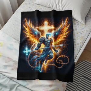 Angelic warrior blanket, divine art throw, celestial guardian bedding, fantasy decor, unique bedroom accessory, spiritual gift
