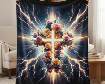 Floral Cross Blanket, Lightning Design, Christian Throw
