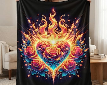 Floral Heart Velveteen Blanket, Flame Rose Design, Spiritual Throw
