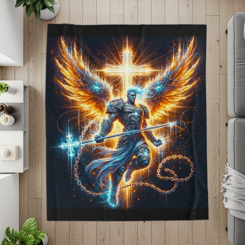 Fantasy Angel Warrior Tapestry, Glowing Wings Wall Decor, Heroic Art Print, Divine Light Tapestry, Mystical Home Decor Accessory
