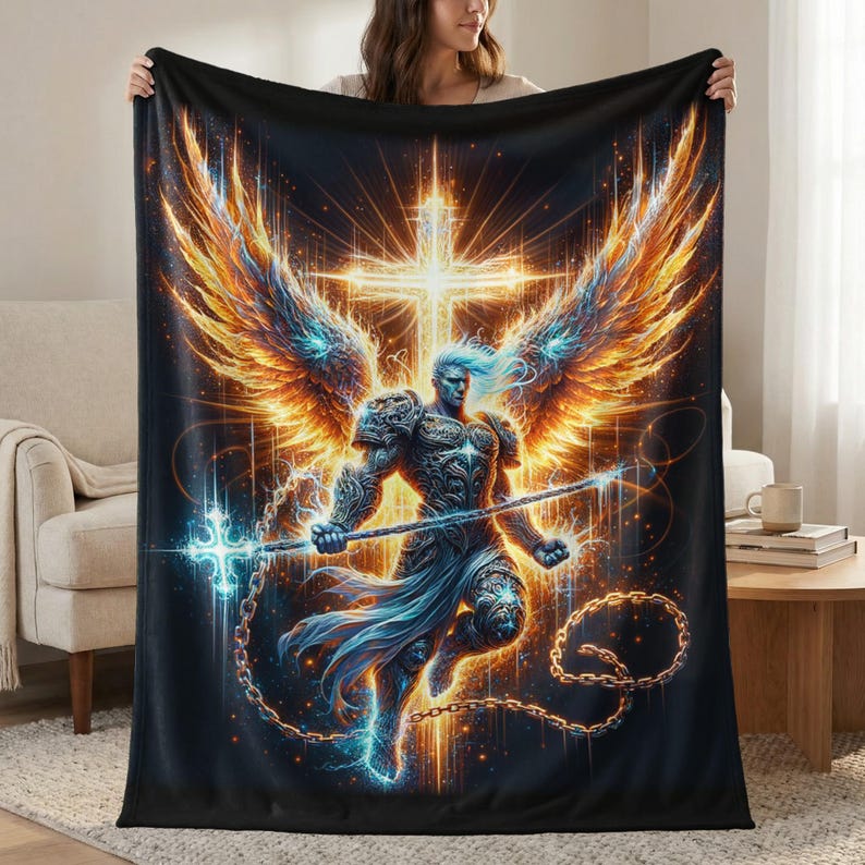 Angelic Warrior Throw Blanket, Renaissance Art Blanket, Mystical Home Decor Throw, Fantasy Art Blanket, Celestial Warrior Blanket,