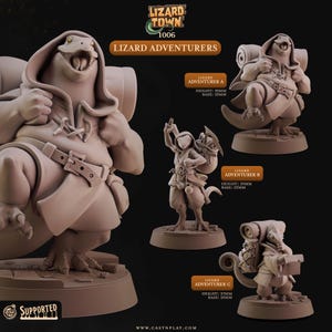 May include: A collection of Lizard Adventurer figurines. The figures are in various poses, with backpacks and gear. The text "Lizard Town 1006" and "Lizard Adventurers" is displayed. The figurines' heights range from 35mm to 39mm, with 25mm bases.