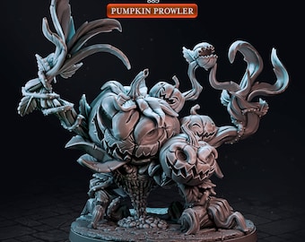 May include: A 3D printed miniature of a pumpkin prowler, a Halloween creature made of pumpkins and vines. The creature has a menacing expression and is posed in a crawling position. The miniature is 92mm tall and 70mm wide.