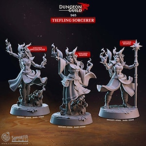 May include: Three 3D printed miniature figures of Tiefling Sorcerers, each with a different pose and spell effect. The figures are painted in a grey color and are ready to be used in tabletop role-playing games.
