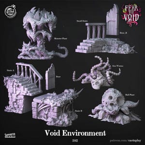 May include: A collection of light purple 3D printed miniature terrain pieces labeled Void Environment, including a monster plant, small stairs, Door_B, Stairs A, a door, goo worms, Stairs B, and a ball plant, with Cast n Play branding.