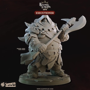 May include: A gray, 3D-printed miniature of an executioner figure. The figure is heavily armored and holds a large axe. The figure is labeled "Executioner" and is part of "The Rotting Crown" collection. The base is 50mm.