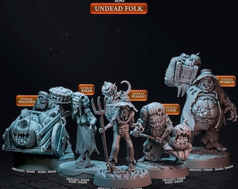 May include: A set of 6 grey 3D printed miniature figures of undead characters from a Halloween themed game. The figures include a wagoner, baker, peasant, cook, and worker. The figures are all standing on round bases and range in height from 25mm to 49mm.
