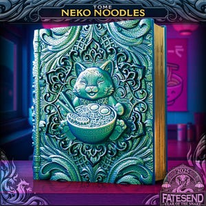 May include: A green and gold embossed book titled "Tome Neko Noodles." The cover features a cat holding a bowl of noodles. The book's edges are gold. The bottom right corner has the text "2025 Year of the Snake."