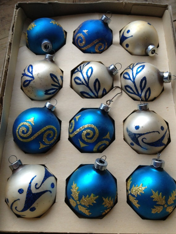 Items similar to Vintage Blue and White Glass Ball Ornaments Box of