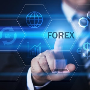 May include: A person's hand points at a blue hexagonal grid with the word "FOREX" in the center. The grid also includes icons for a globe, a graph, a currency exchange symbol, and a gear.