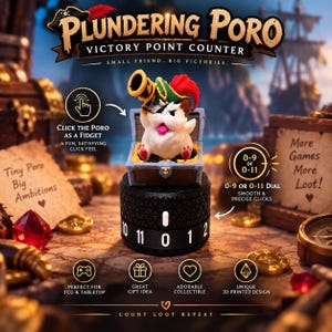 Könnte beinhalten: Ein Plundering Poro Siegpunktzähler mit einer weißen Kreatur, die einen Piratenhut mit roter Feder und ein Fernrohr trägt, in einer kleinen Truhe. Die Basis ist ein schwarzes zylindrisches Zifferblatt mit weißen Zahlen von 0 bis 11.