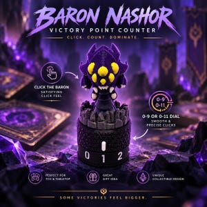 Peut inclure: Un compteur de points de victoire Baron Nashor avec une figurine de créature violette et jaune sur un cadran cylindrique noir à chiffres blancs. L'appareil comporte des étiquettes textuelles comme Baron Nashor, Victory Point Counter et 0-9 ou 0-11.