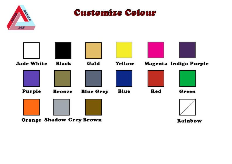 Op de afbeelding: Een kaart met 15 verschillende kleurstalen, waaronder Jade Wit, Zwart, Goud, Geel, Magenta, Indigo Paars, Paars, Brons, Blauwgrijs, Blauw, Rood, Groen, Oranje, Schaduwgrijs en Bruin. De kaart bevat ook een wit vierkant met een diagonale lijn, met de tekst "Regenboog".