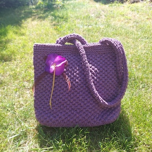 Handmade Purple Crochet Bag, Knitted Summer Bag, Purple Flower Detailed Tote Bag, Evening Bag, Stylish and Versatile Summer Tote