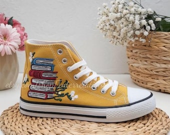 Custom Embroidered Converse Shoes – Book Stack & Floral Design | Personalized Hand-Embroidered Sneakers | Gift for Book Lovers