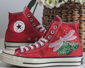 Custom Embroidered Converse Shoes – Dragonfly And Dewdrops Design | Personalized Hand-Embroidered Sneakers | Gift for Friends