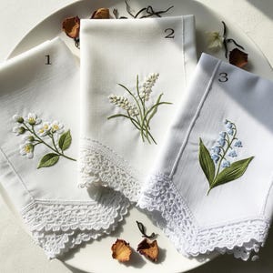Handmade Embroidered Floral Handkerchief – Cotton Hanky with Lace Edge – Botanical Design, Elegant Vintage Gift for Her