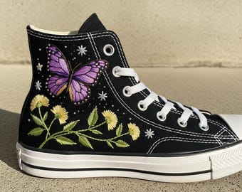 Hand Embroidered Black Converse with Purple Butterfly & Daisies – Custom Floral High Top Shoes, Gift for Her, Cottagecore Style