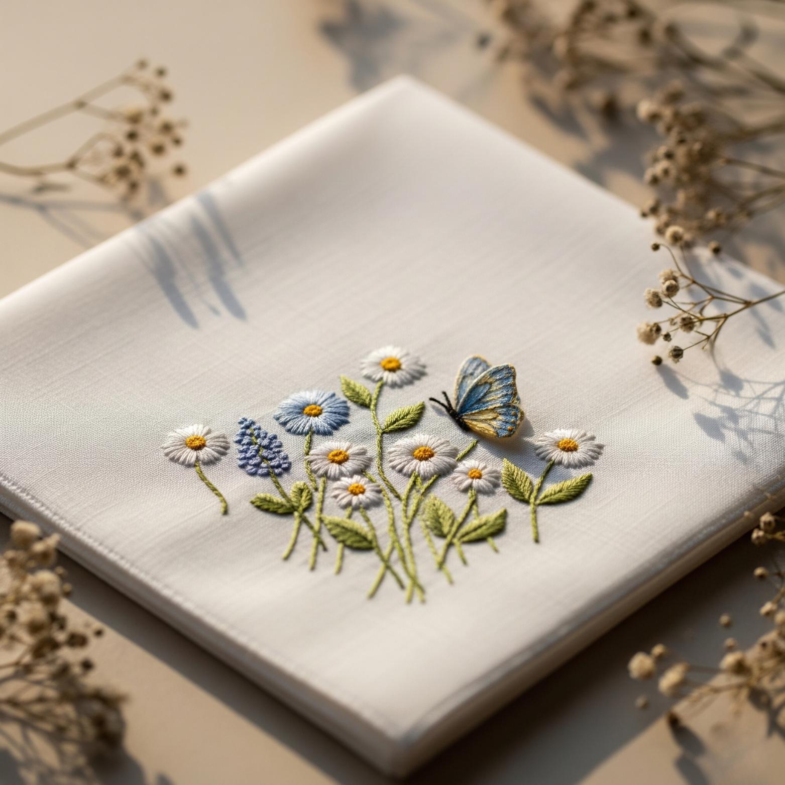 Hand Embroidered Handkerchief - Linen Floral Hanky with Blue Butterfly & Daisies - Personalized Gift for Her