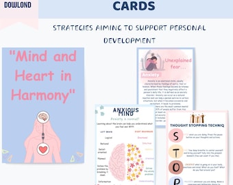 May include: A set of 68 anxiety coping skills cards and bonus worksheets featuring the text Mind and Heart in Harmony, Anxious Mind, and Thought Stopping Technique. The cards include illustrations of a human figure, brain, and heart.