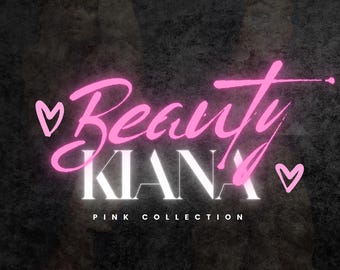 May include: A graphic design featuring the text Beauty KIANA PINK COLLECTION in a mix of pink script and white serif fonts. Two small pink hand-drawn hearts flank the text, all set against a dark, textured, charcoal-coloured background.