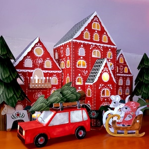 Volkstümliche Stadt. Mietshaus-Häuser Papiermodelle für Kinder. Homeschool Vorschule Kleinkinder Aktivitäten. Haus der Mäuse. Tannenbaum Rot Auto.