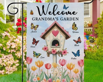 Personalized Grandmother Garden-Flags with Favorite Children Name Butterfly, Memorial Flag, Gifts for Mothers’ Day Outside Yard Decoration