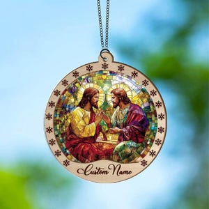 Personalisierte Jesus und Mary Suncatcher Ornament Acryl Holz Verzierung, Fenster hängend, Auto Dekoration, Weihnachtsbaum Decor Weihnachtsgeschenk S50
