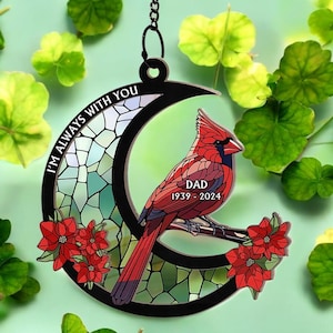 Personalized Window Hanging Suncatcher Ornament Cardinal,Memorial Gift -  Memorial Cardinal Stained Glass Moon, Women Gift,Home Decor