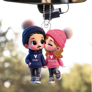 Personalized Cute Cartoon Couple Walking Acrylic Car Hanger, Gift for Him, Gift for Her, Valentine's Day Anniversary, Car Hanging Keychain