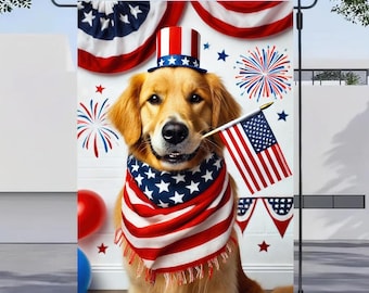 Welcome 4th of July Golden Retriever Dog Patriotic Garden Flag America Pet Yard Outside Decoration American Flag Outdoor Small Home Decor