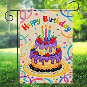 Happy Birthday Garden Flag Colorful Balloon Cake House Party Home Outdoor Outside Decorations For Yard Sign Indoor Outdoor Lawn Supplies