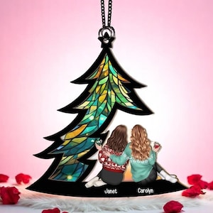 Personalized Friends Window Hanging Suncatcher Ornament,People Friends Sitting Under Christmas Tree,Besteas Ornament, Gift Friends Sisters
