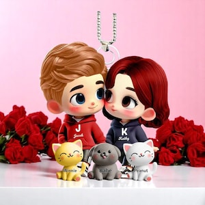 Personalized Cute Cartoon Couple Holding Hands with Dogs Cats Acrylic Car Hanger Ornament,Heartfelt Valentine's Day Gift for Couple for Her