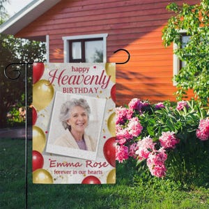 Personalized Picture Garden-Flags,Happy Heavenly Birthday Garden-Flags for Outside, Custom Memorial-Flag, for Cemetery Grave Yard Decor