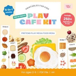 May include: A colorful printable "Play Cafe Kit" for kids, featuring a pretend play mega food menu. Includes over 250 ingredients to use. The kit is designed for ages 2-6 and is a PDF file.